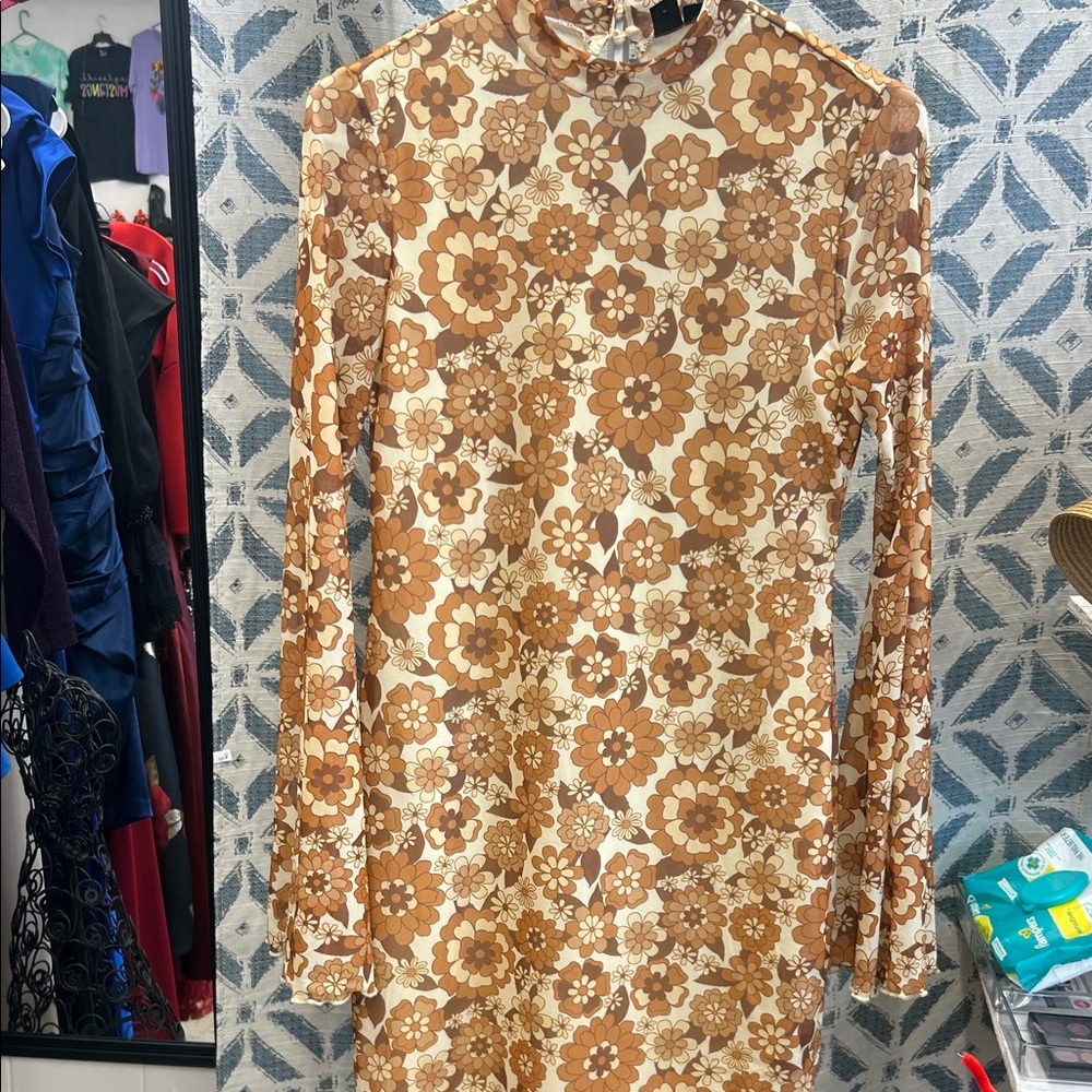 SHEIN Brown and Cream Floral Long Sleeve Dress